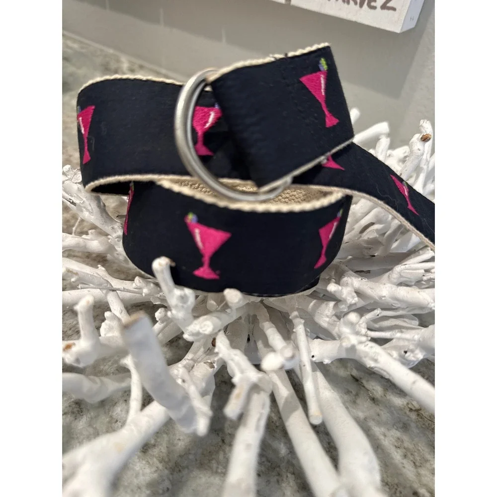 Women's Lilypod belt canvas D-ring black embroidered pink martini‎ glasses S